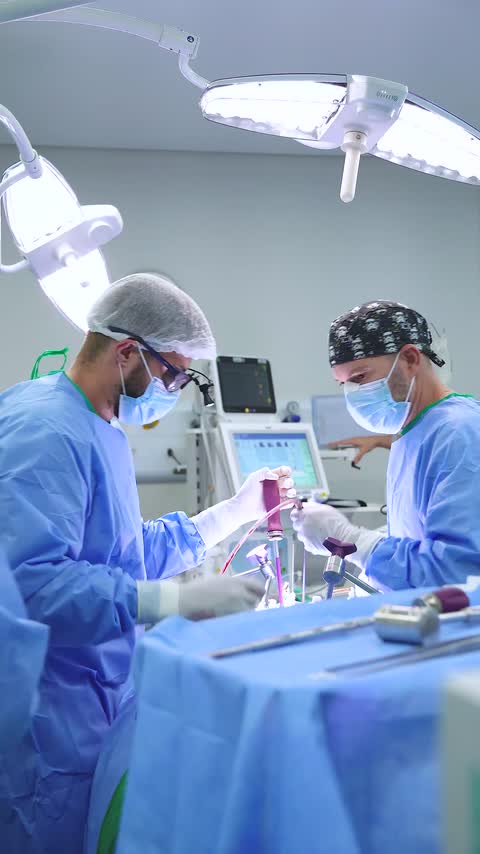 Equipe cirúrgica em sala de cirurgia durante gravação de bastidor da Pixel